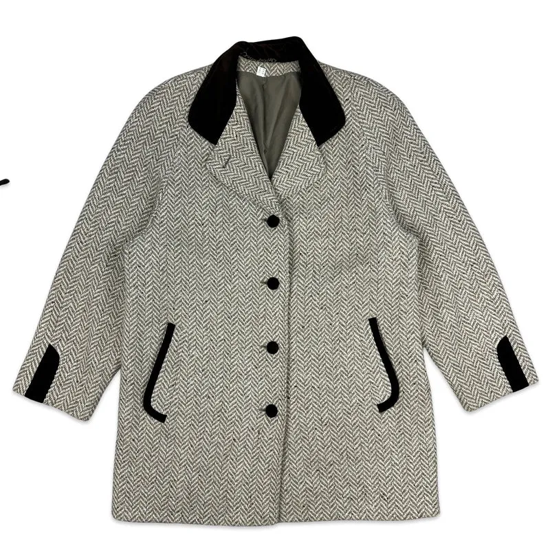 80s 90s Vintage Cream Herringbone Wool Coat 16