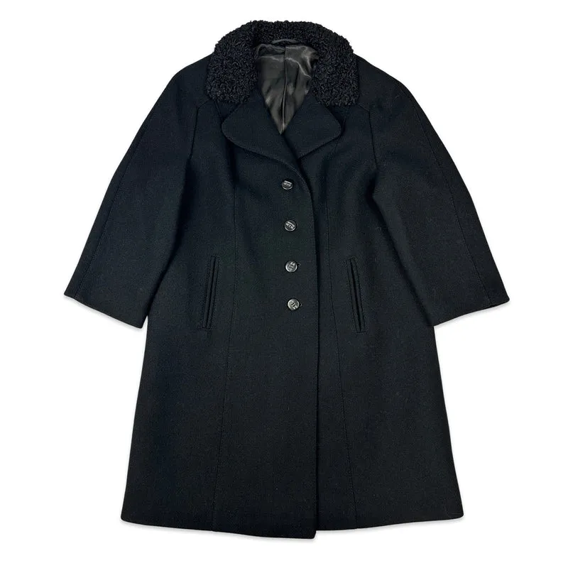 80s Vintage Womens Black Wool Coat Faux Fur Collar 16