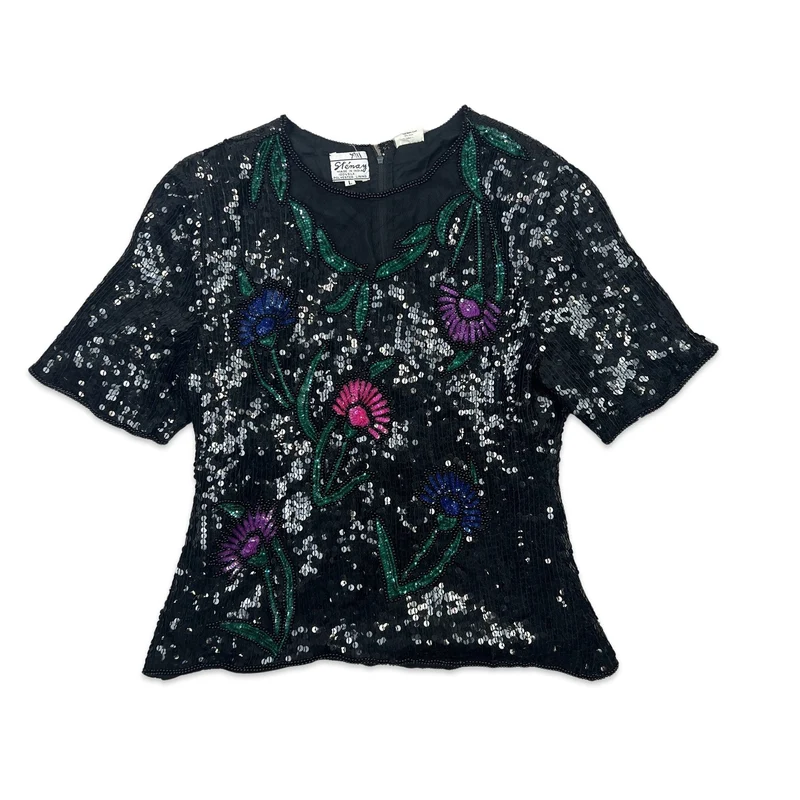 Vintage 80s Oversized Sequin Blouse Black Blue Green Purple 8 10