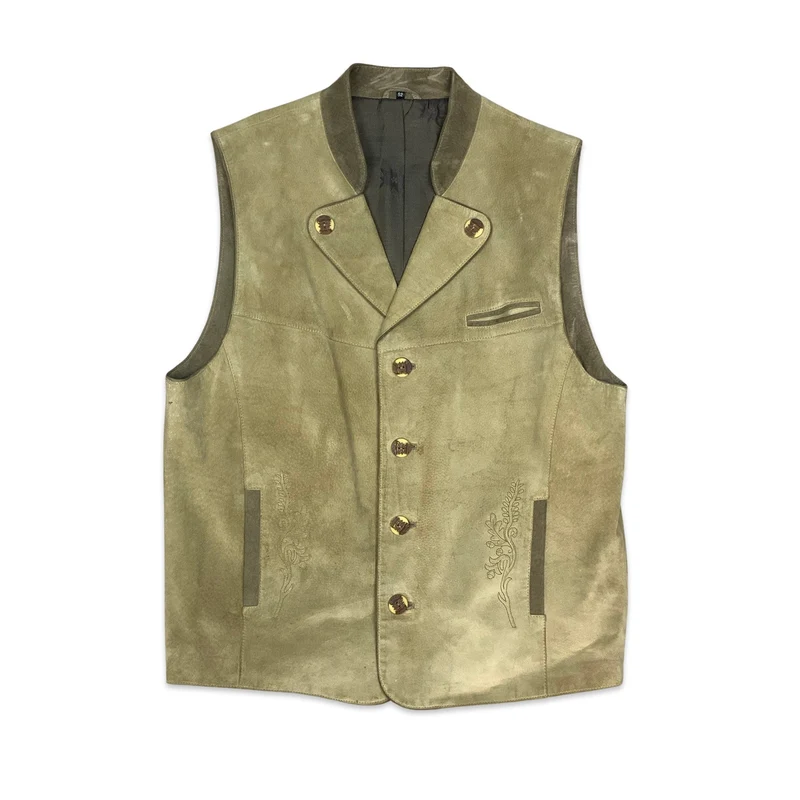 Vintage Unisex Landhaus Suede Beige Traditional Tirol Waistcoat Gilet Mens L