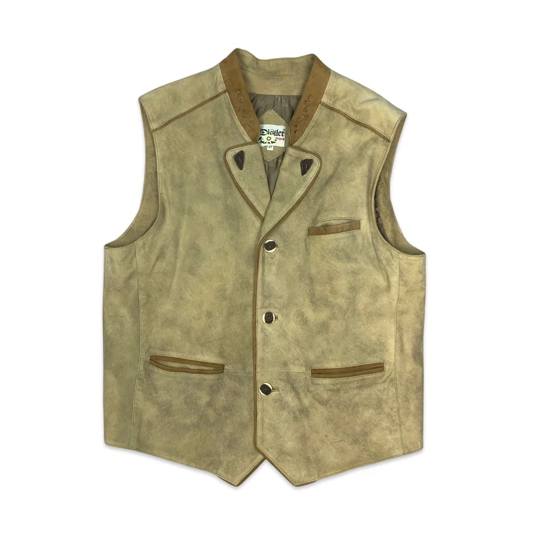 Vintage Unisex Distler Suede Beige Traditional Tirol Waistcoat Gilet Mens L