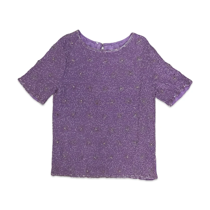 80s Lilac Floral Beaded Blouse 16