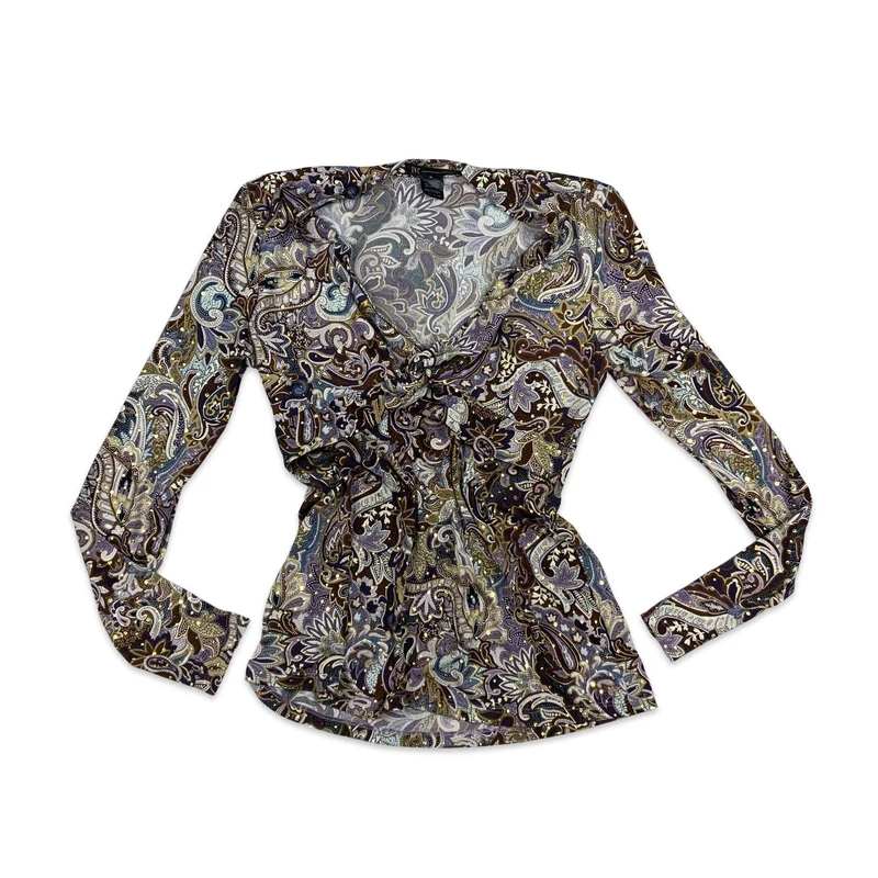 Vintage Peplum Sequin Blouse Paisley Brown Purple Blue 8 10