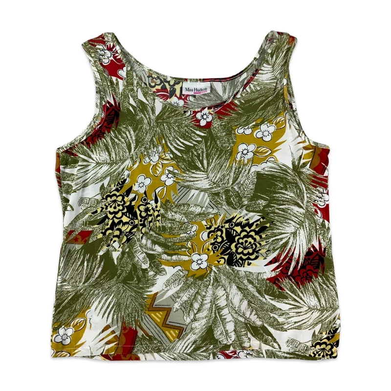 Vintage Green White & Yellow Botanical Print Sleeveless Blouse 10 12