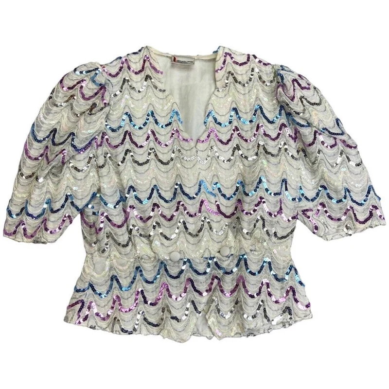 Vintage 80s White Sequin Puff Sleeve Embellished Party Blouse 12 14 M