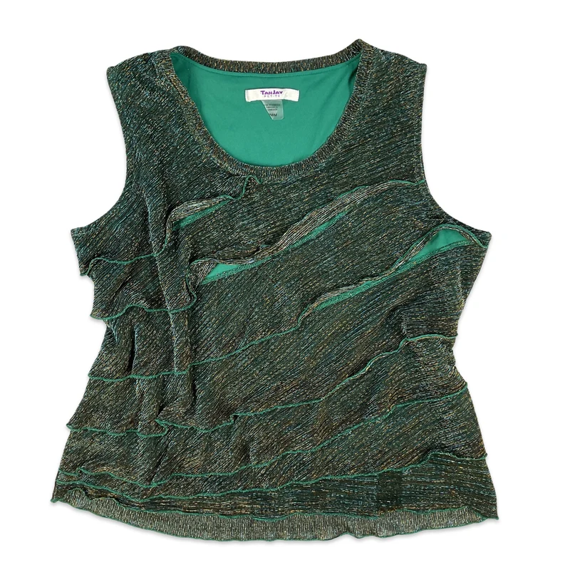 VTG Y2K Green Blue Gold Tiered Ruffle Sleeveless Cami Vest Top 12 14
