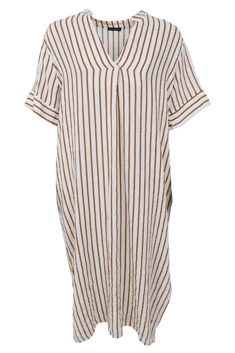 Black Colour - Bcmelina Long Linen Dress 40412 - Camel Stripe