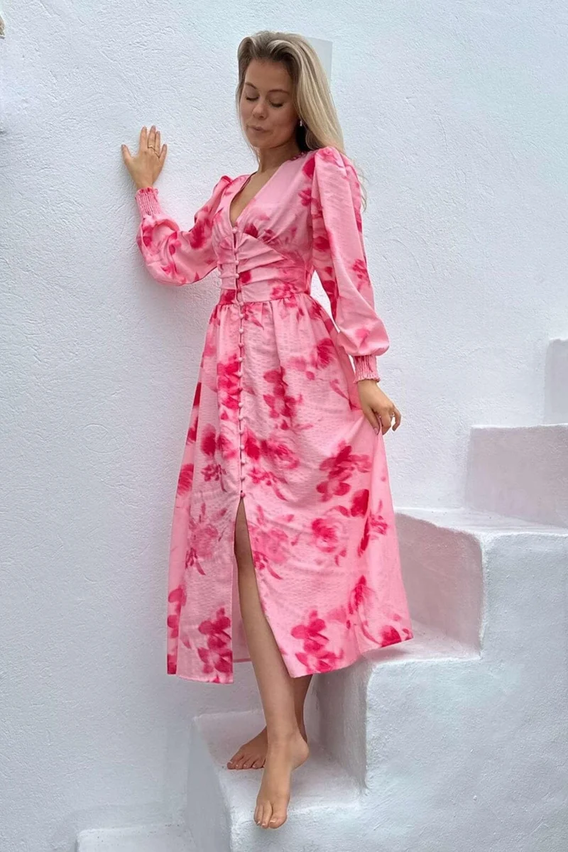 BYIC - Adelic Long Dress - apfp Abstract Pink Flower Print