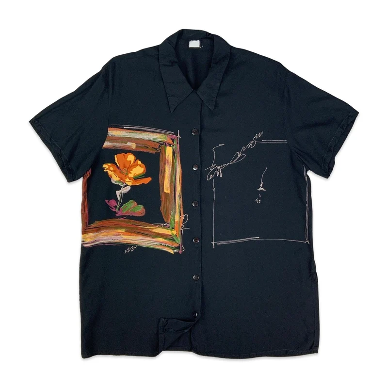 Vintage 80s 90s Black Graphic Print Shirt Blouse 12 14 16
