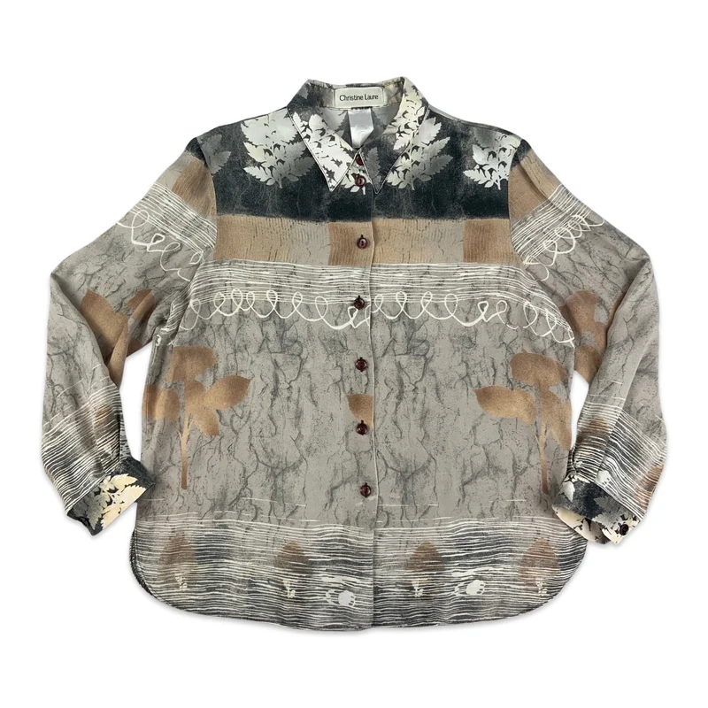 Vintage 90s Y2K Abstract Print Grey, Black, and Beige Shirt Blouse 14 16