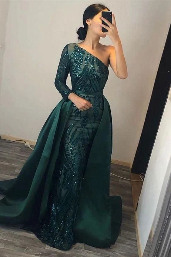 Elegant mörkgrön sjöjungfrubalklänning med en axel, överkjol och paljetter