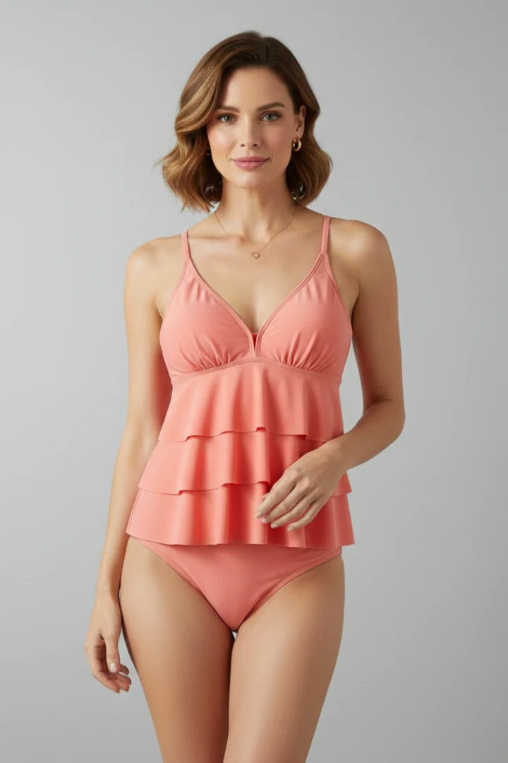 Morgan | Dam V-ringad Tiered Ruffle Tankini Set