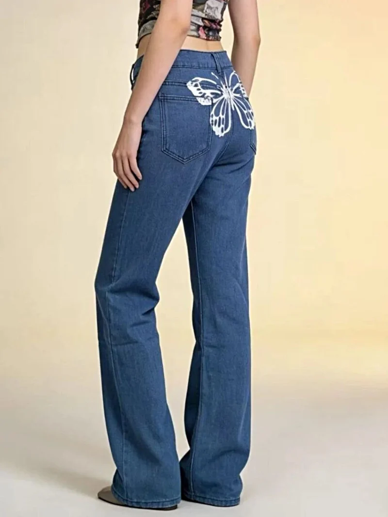 Fjärilsryggiga jeans för kvinnor - Snygg design med vida ben, fickor, 85 % bomullstyg