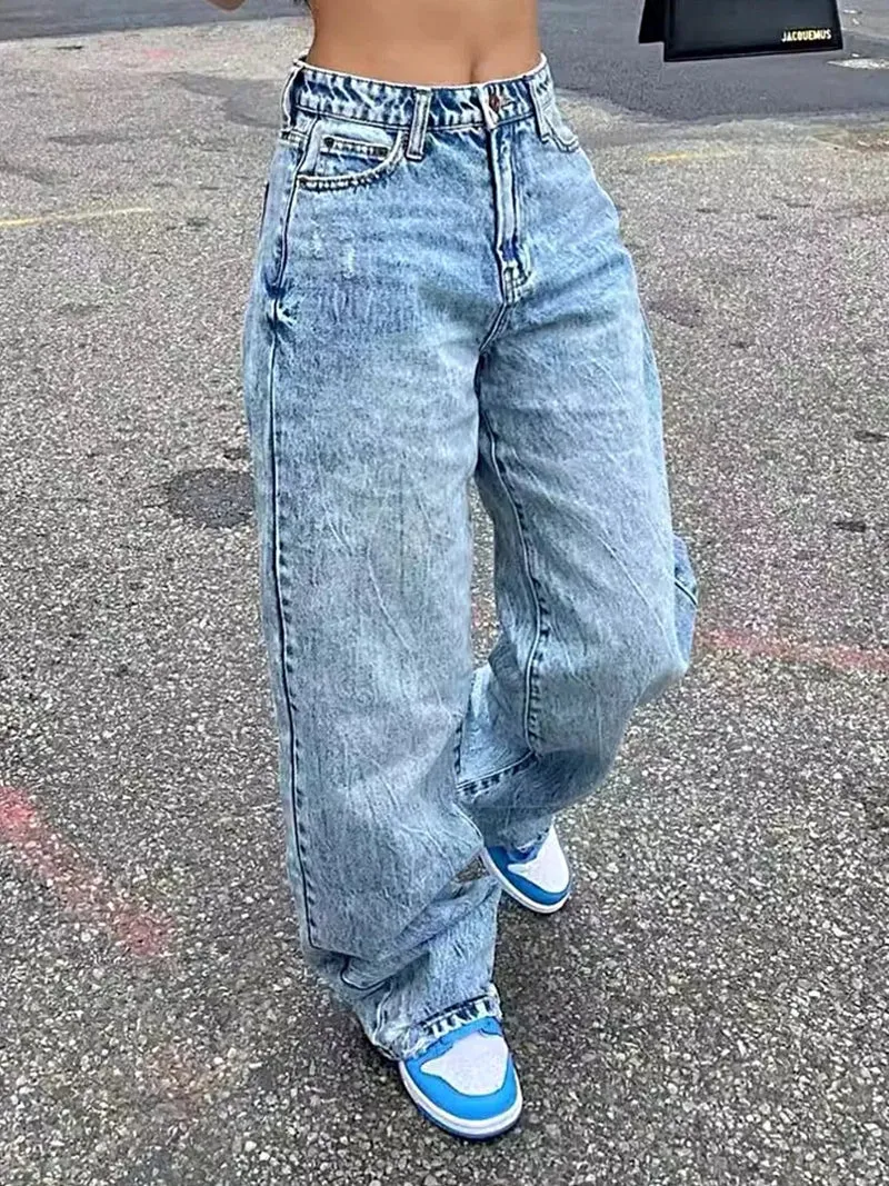 Snygga tvättade vida jeans för kvinnor - fickdesign, 85 % bomull, ingen stretch