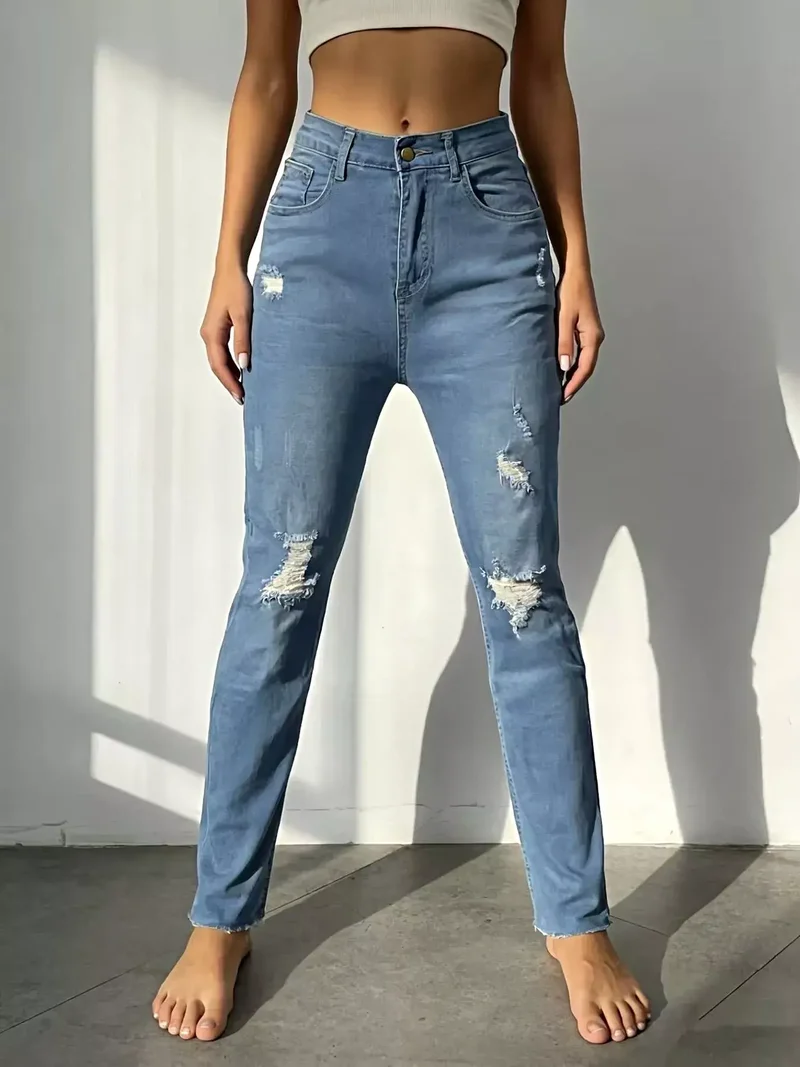 Lyxiga slitna jeans med hög midja - lätt stretchiga, klassisk passform, trendig stil