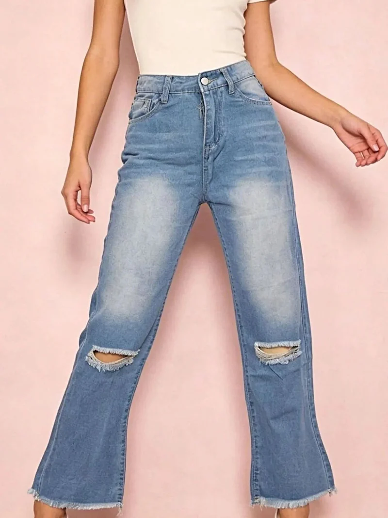 Slitna bootcut-jeans med rå fåll - 85 % bomull, ingen stretch, snygg passform för vardagsbruk