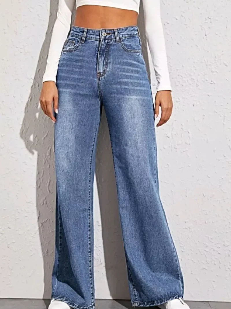 Lyxiga jeansbyxor med hög midja och vida ben, klassisk fickdesign, 85 % bomullsblandning