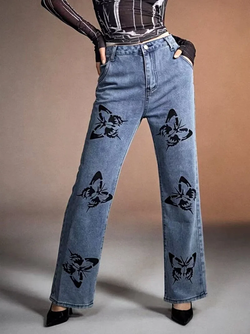 Högmidjade jeans med vida ben, fjärilsmönster och fickor - Trendig och elegant stil