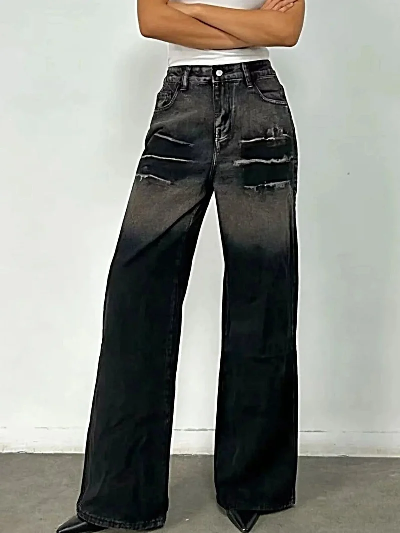 Eleganta tvättade jeans med vida ben - Klassisk design, 85 % bomull, perfekt passform