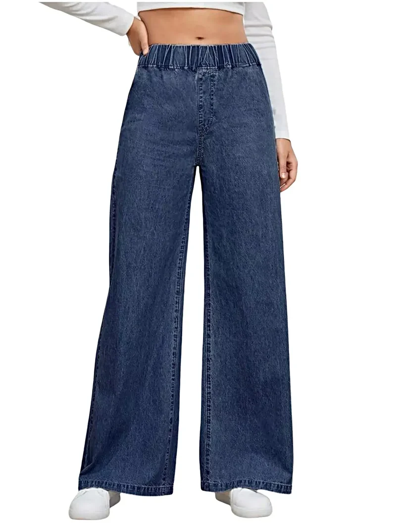 Lyxiga jeans med elastisk midja och vida ben - 85 % bomull, klassisk passform, maskintvättbara