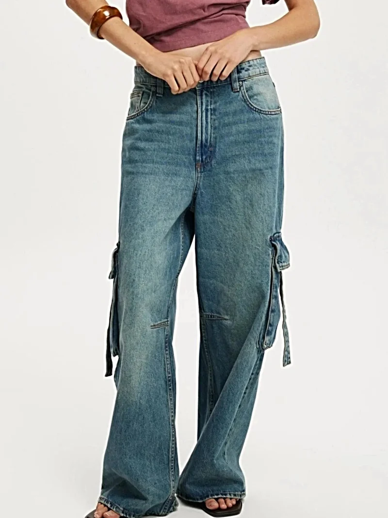 Vintage Wash Cargo Jeans med vida ben - 85 % bomull, fickdesign, snygg passform