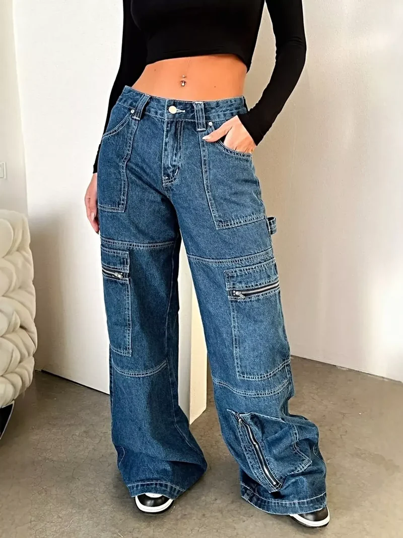 Snygga cargojeans med vida ben och dragkedjefickor – 85 % bomull, 15 % polyester