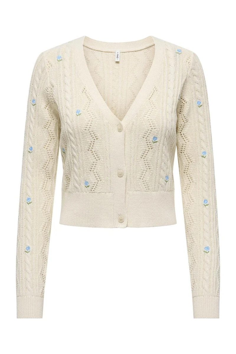 Only - Onlbirtie Ls Emb V-Neck Cardigan Knt - 4981923 Ecru Soft Chambrayfluorite/Flower Emb