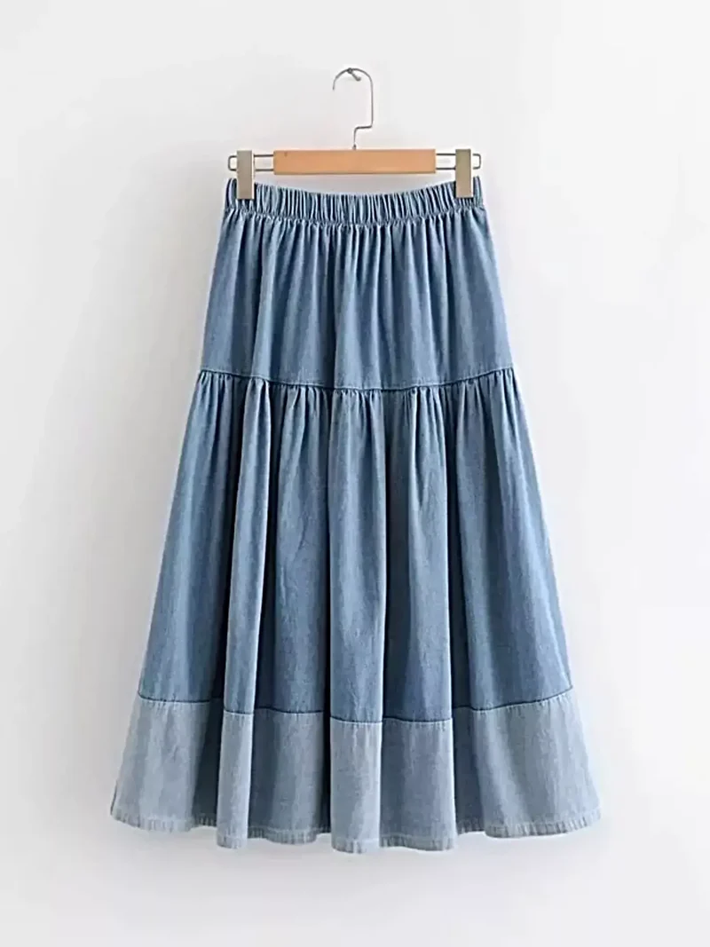 Elegant denimkjol med flera skikt - midilängd, 100 % polyester, maskintvättbar