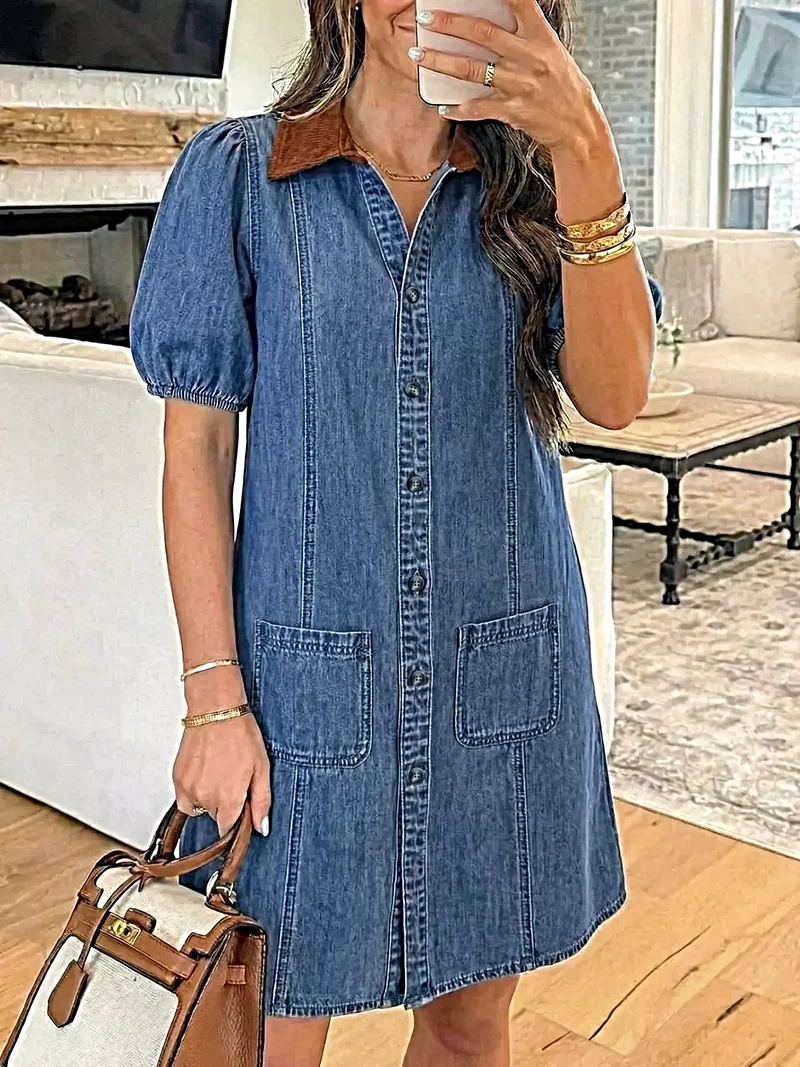 Elegant kortärmad denimklänning med fickor - Tidlös stil för enkel avslappnad chic
