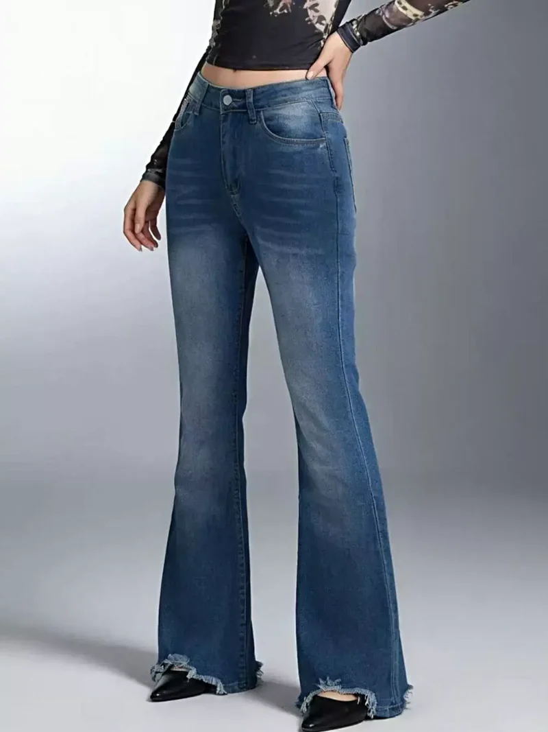 Eleganta jeans med rå fåll - Hög midja, utsvängd design med stretch och fickor