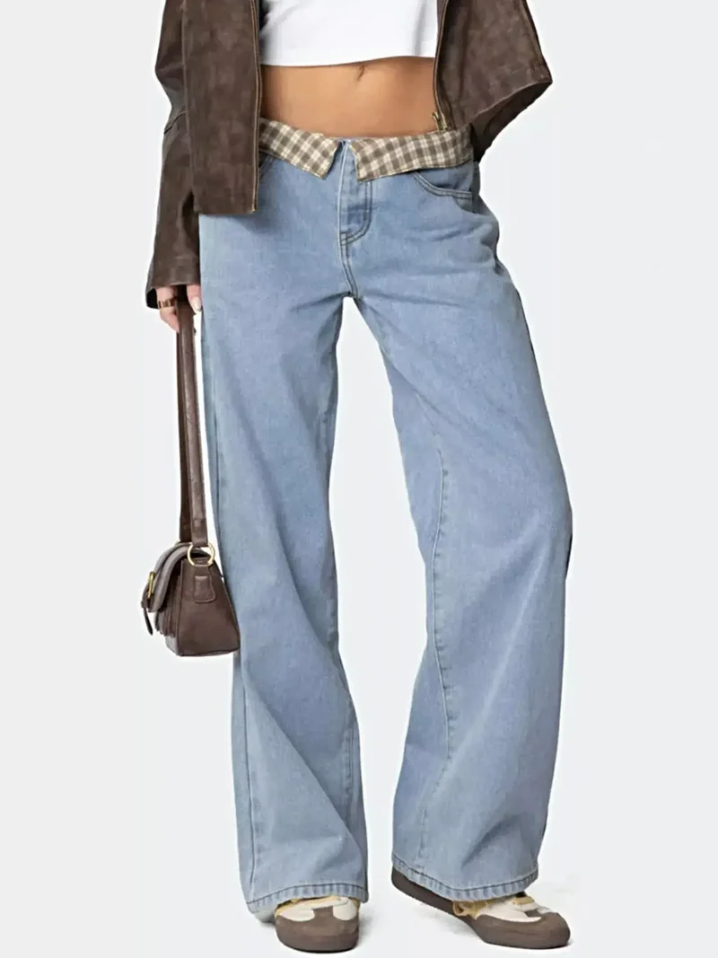 Eleganta rutiga jeans med vida ben för kvinnor - Klassisk design med knappar och fickor