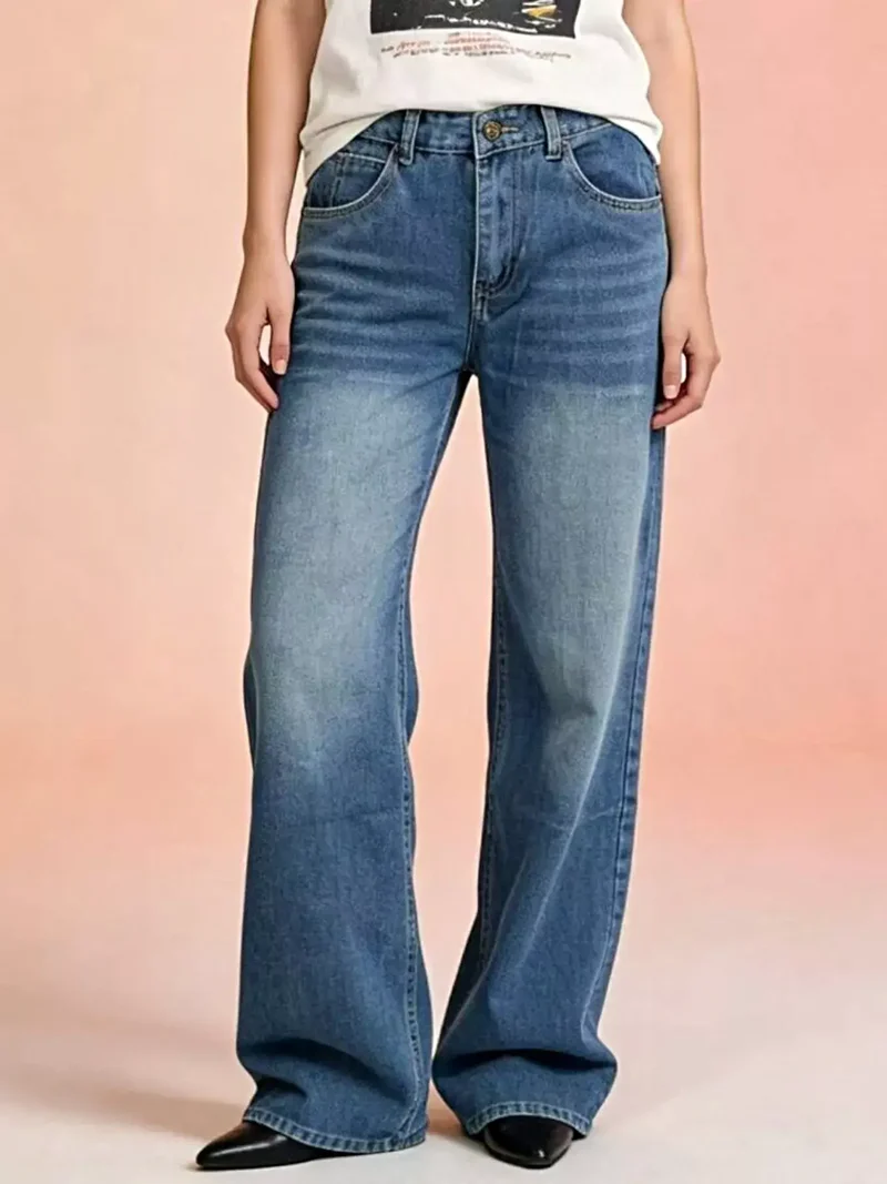 Eleganta vintage tvättade vida jeans - 85 % bomull, fickdesign, tidlös stil