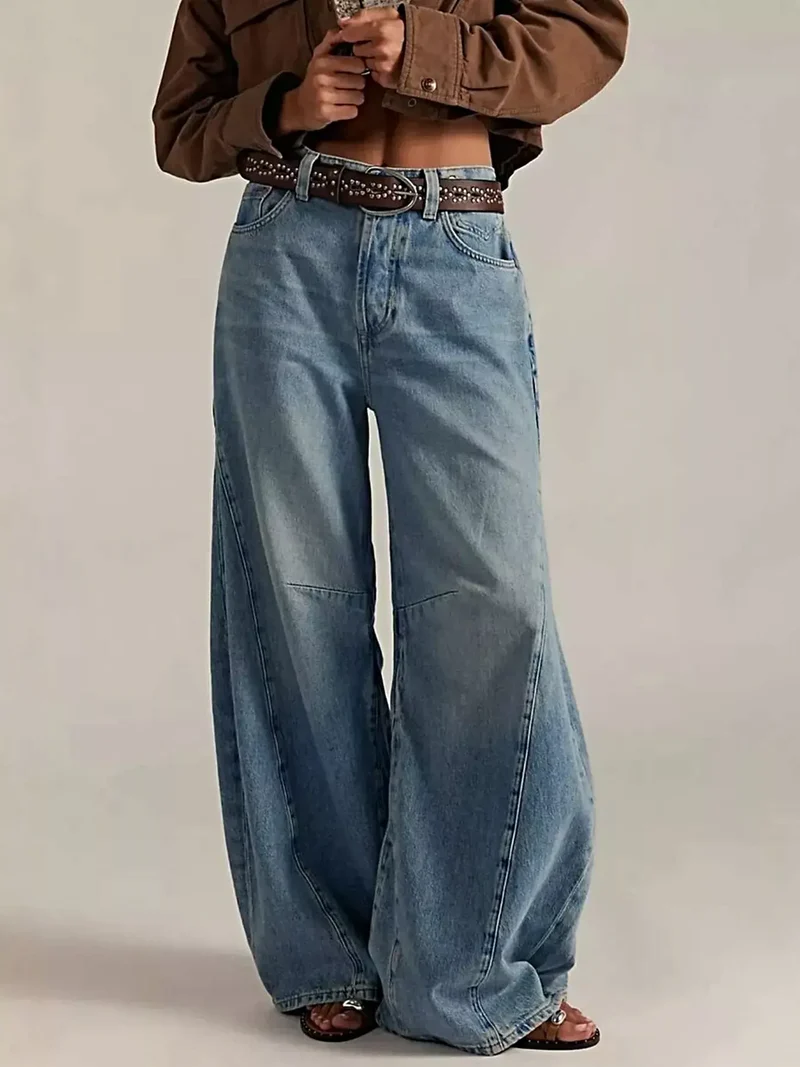 Lyxiga tvättade denimjeans med vida ben och fickdesign - 95 % bomull för ultimat komfort