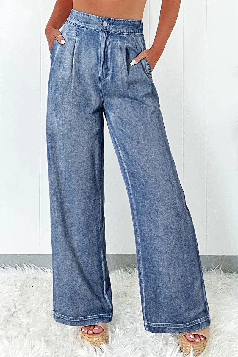 Högmidjade jeans med vida ben och fickor – 95 % bomull för ultimat komfort