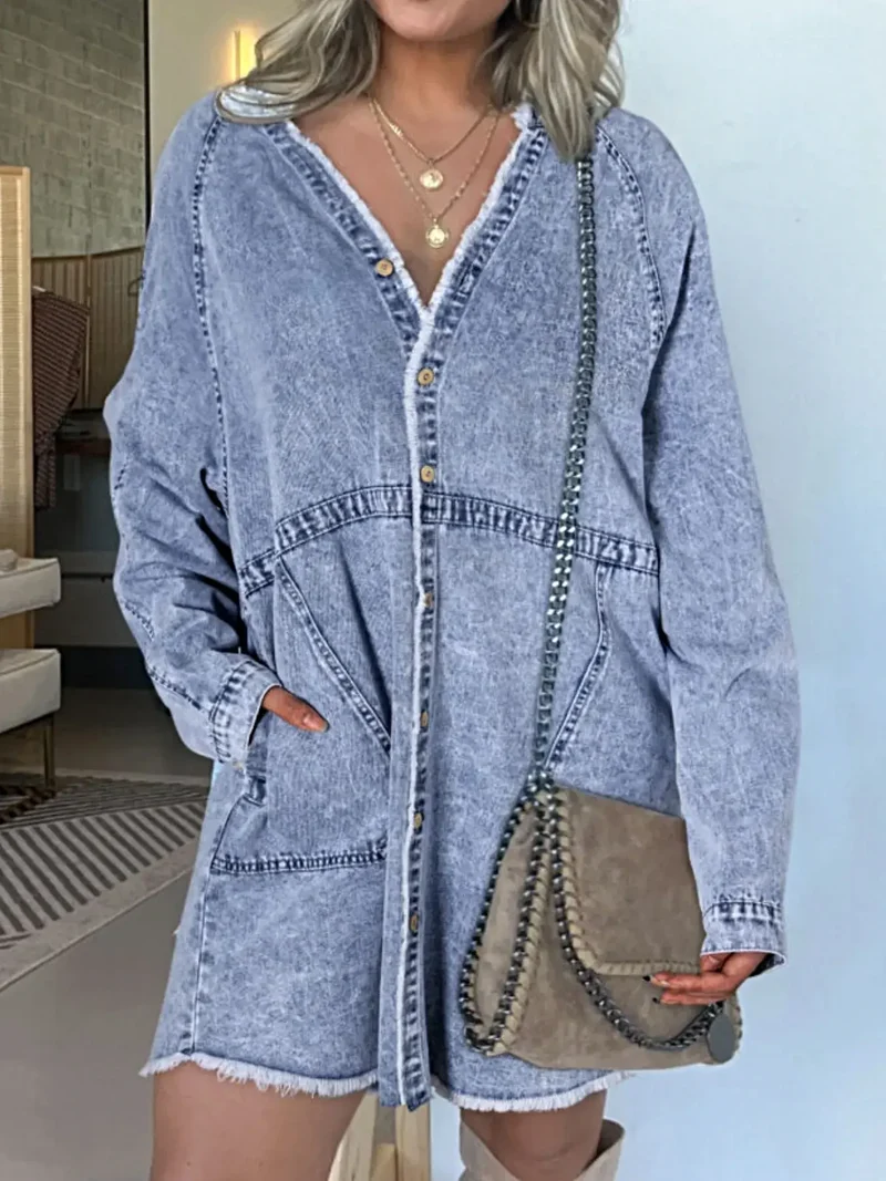 Lyxig plus size jeansskjortklänning, knappar framtill, långärmad, överdimensionerad med fickor
