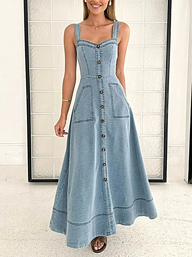 Elegant denimklänning med A-linjeform och knappar framtill och fickor | 100 % polyester | Vintagestil