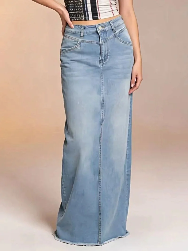Elegant maxikjol med rå fåll för kvinnor - 85 % bomull, knappad design, ingen stretch