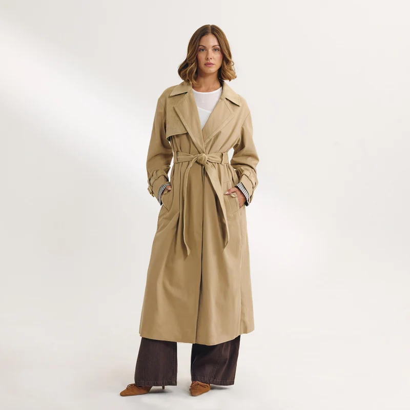 Suedette Trim Trenchcoat - Sandfärgad