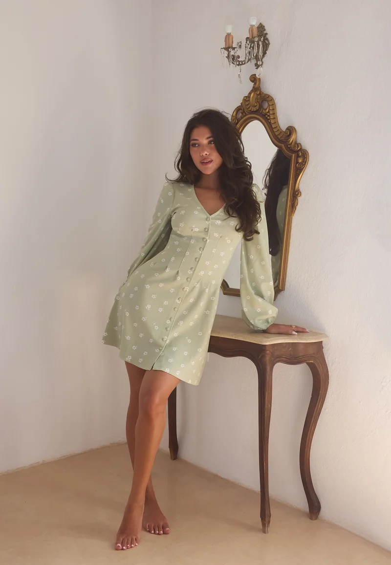 Mini Button Volume Sleeve Dress