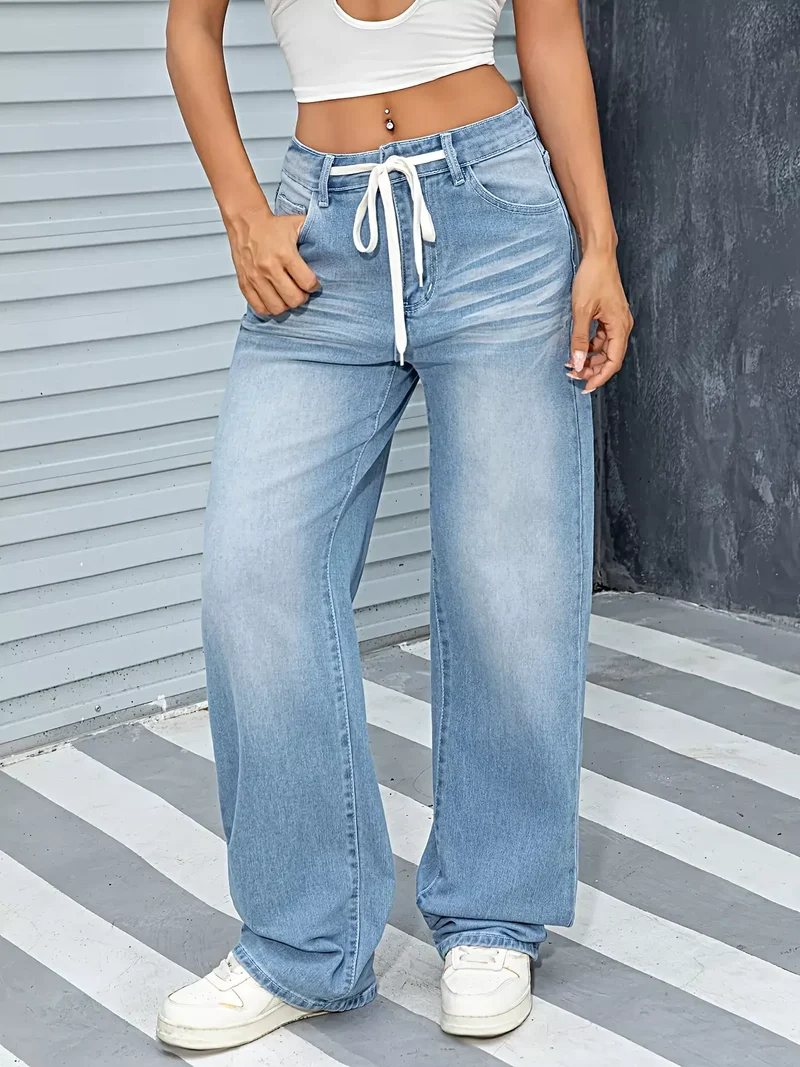 Eleganta vida jeans med dragsko och fickor – 85 % bomullsblandning