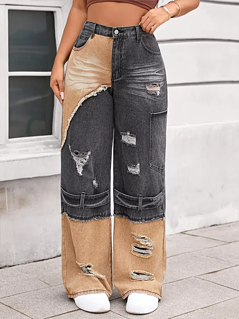 Snygga tvåfärgade, slitna jeans med vida ben, slitna detaljer och fickdesign