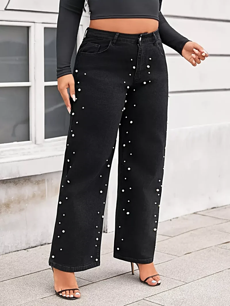 Plus size pärlprydda jeans med vida ben, knäppta och fickor, tillverkade av bomullsblandning