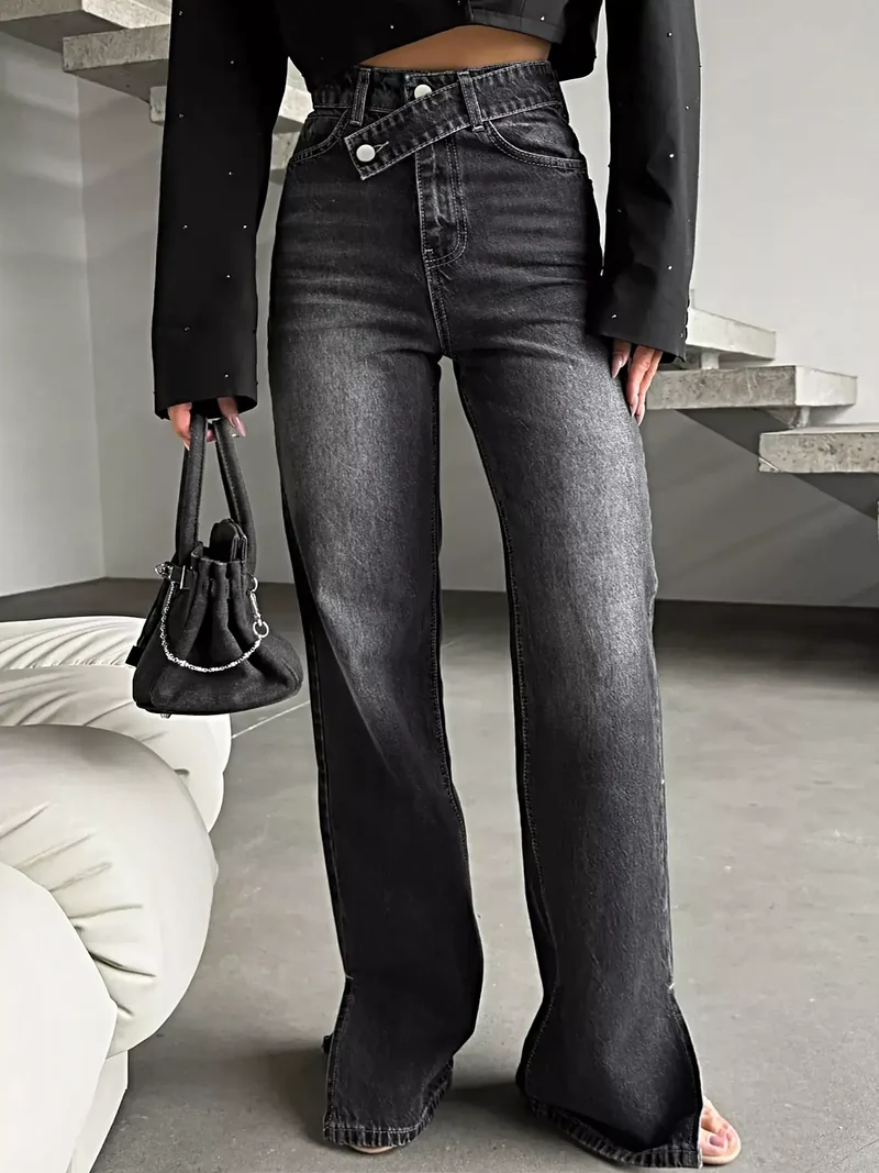 Snygga jeans med hög midja och slits i nederkant - Klassisk passform, 85 % bomull, ingen stretch
