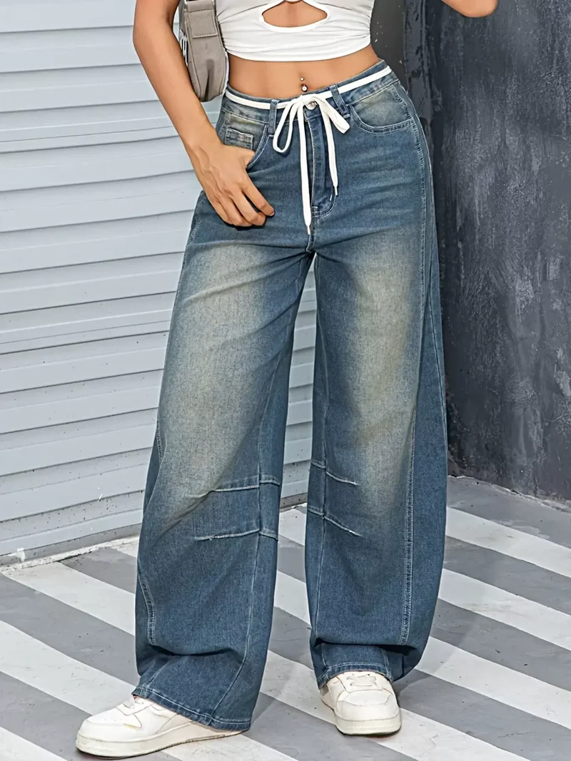 85 % bomull, vintagejeans med vida ben, fickor och dragkedja – Klassisk stil för enkel chic