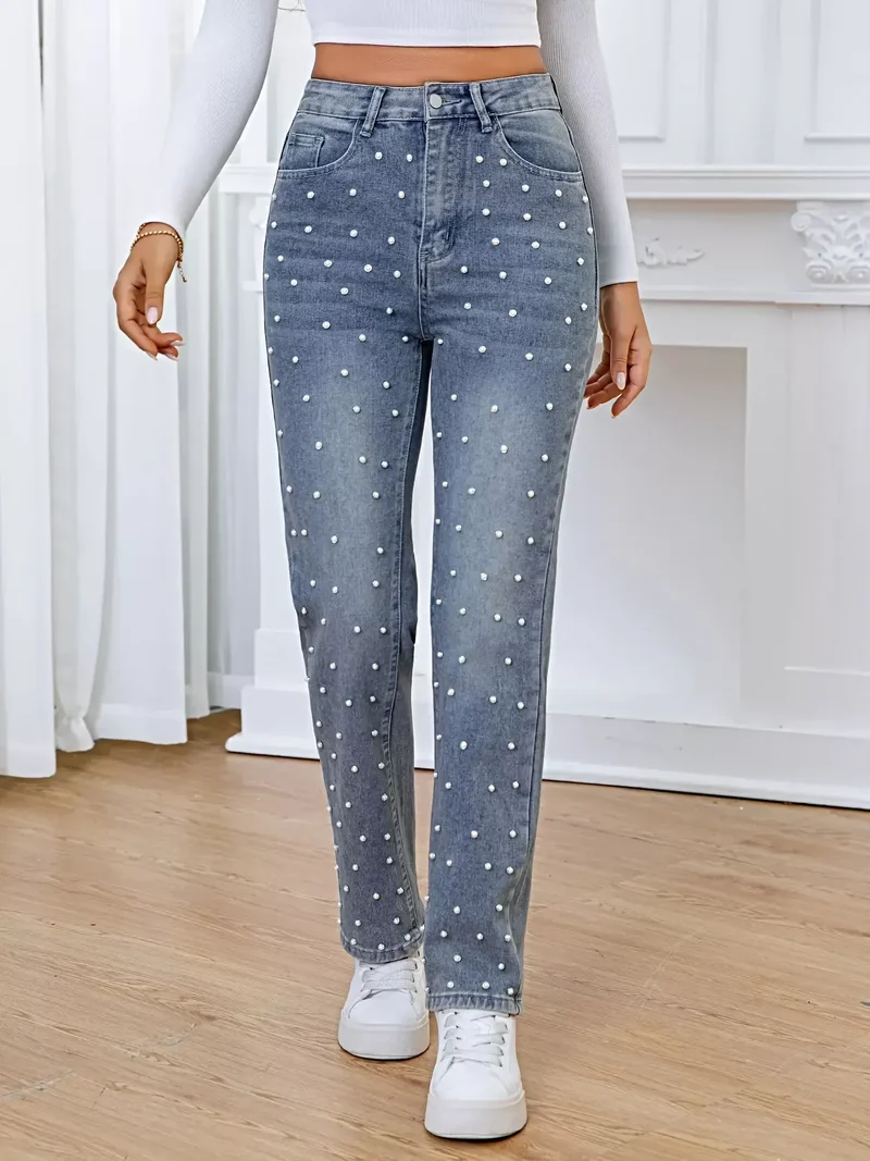 Lyxiga pärlprydda raka jeans med hög midja i icke-stretchig bomullsblandning, fickdesign