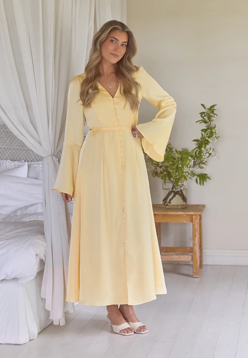 Flounce Sleeve Satin Maxi Dress