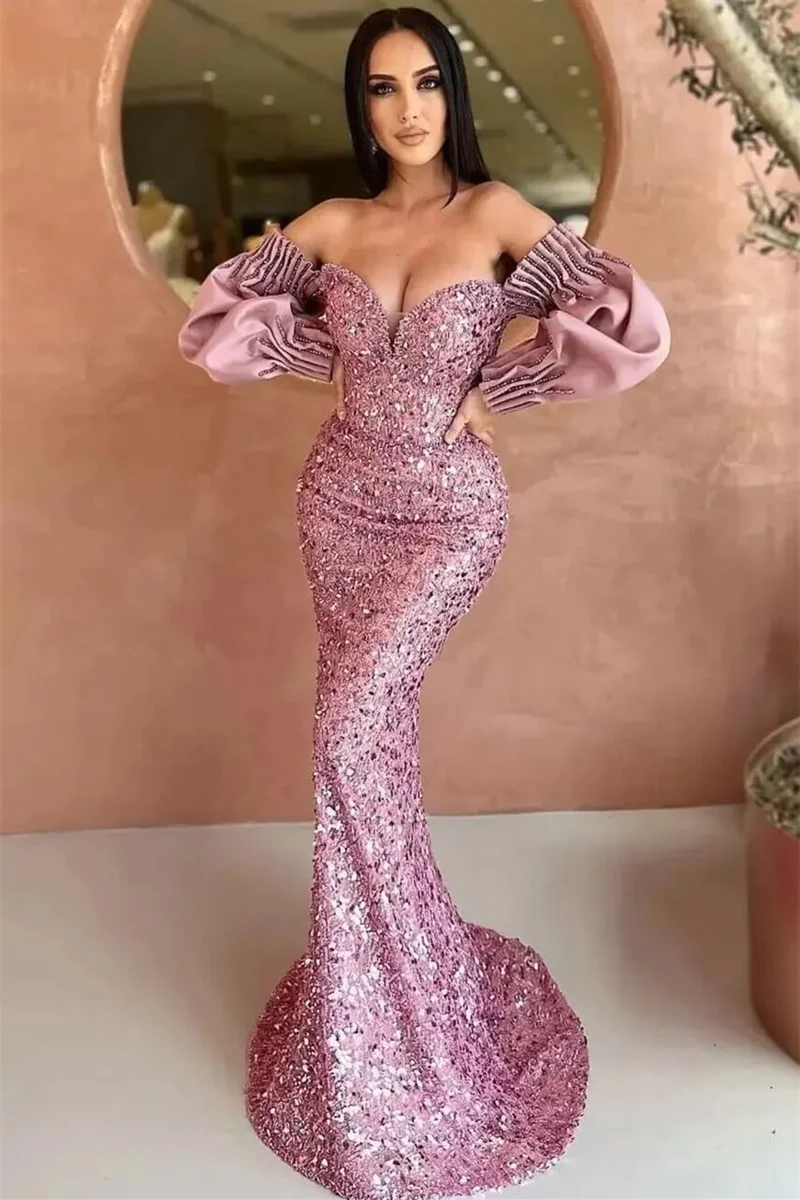 Elegant Off-Shoulder Sjöjungfruklänning med Hjärtformad Paljett och Långa Ärmar