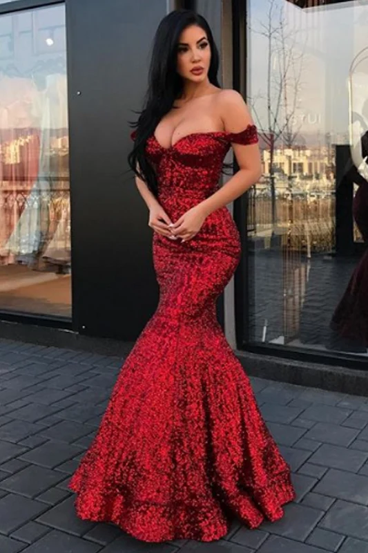 Elegant sjöjungfrubalklänning med bara axlar och paljetter för kvinnor, glitter och glamour
