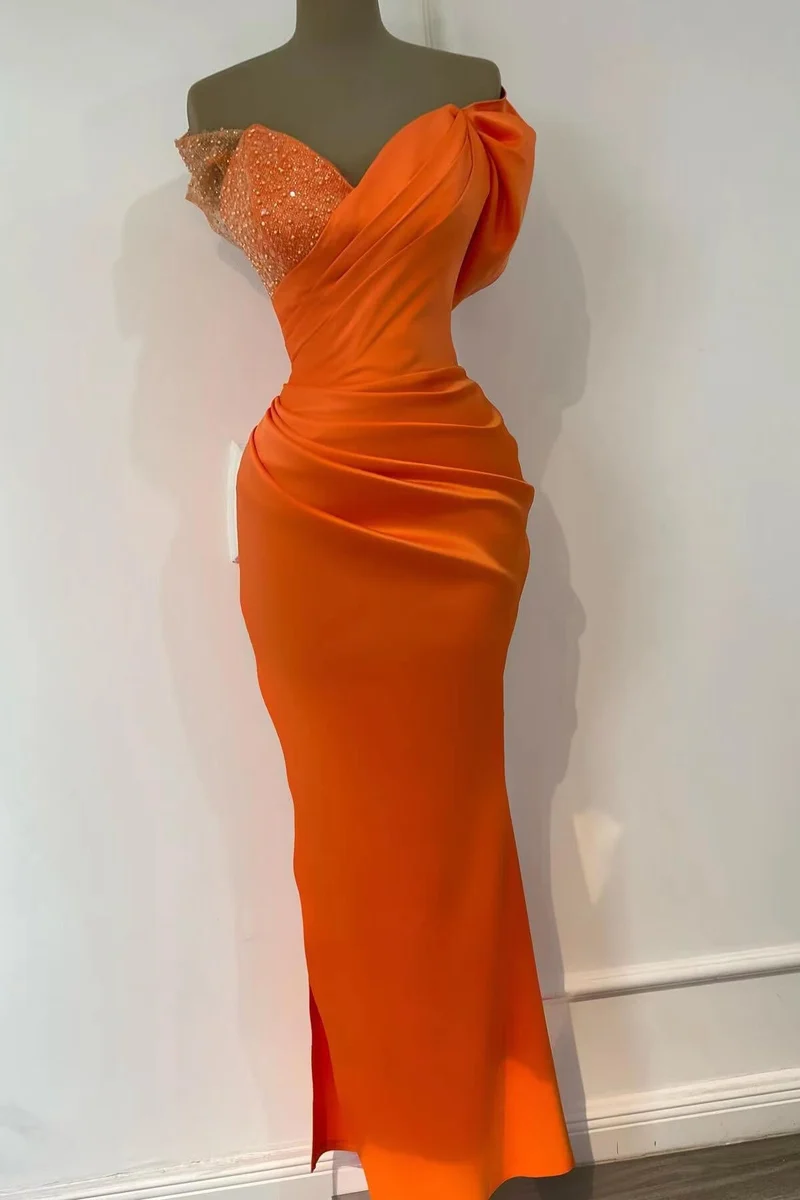 Fantastisk Orange Hjärtformad Off-Shoulder Sjöjungfru Paljett Aftonklänning för Speciella Tillfällen