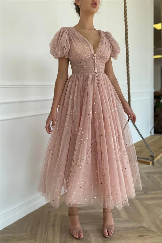 Elegant Taupe Rosa V-ringad Kortärmad Balklänning med Paljettdekorationer